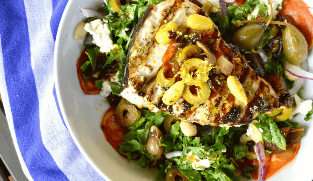Mediterranean Style Grilled Fish and Salad, healthy dinner